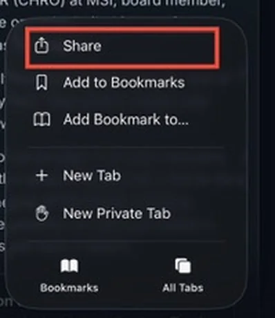 Share, at the top of the menu